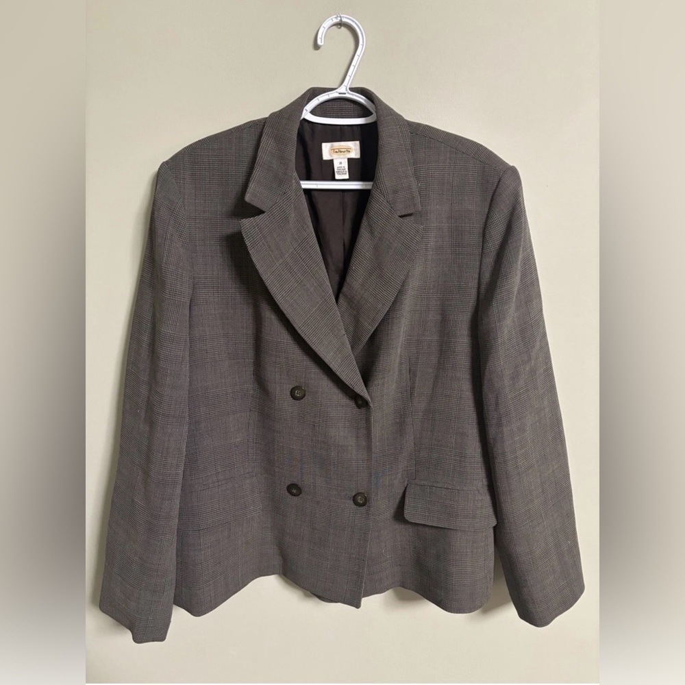Talbots Size 16 Wool Blend Brown Double Breasted Lined Plaid Tweed Classic